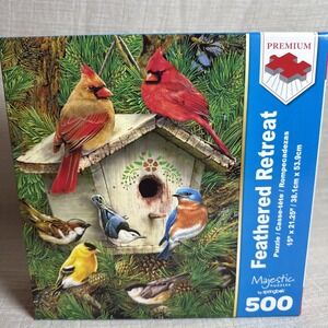 "Feathered Retreat" Majestic  Springbok 500 Pc Jigsaw Puzzle, Cardinal, Bluebird